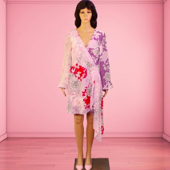BELLE BADGLEY MISCHKA size 8 multicolor floral long-sleeve dress 100% polyester - Picture 1 of 13